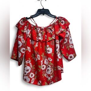 Elegant Red Floral Off-Shoulder Blouse